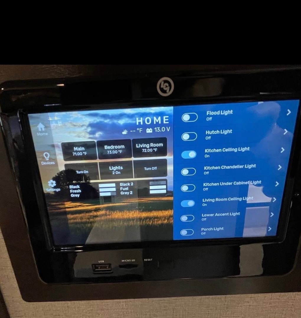 Smart home control panel showing lighting and temperature controls